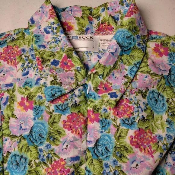 Buck & Buck House Dress Small Floral Pleated Zip Front Short Sleeve Granny - Picture 15 of 16